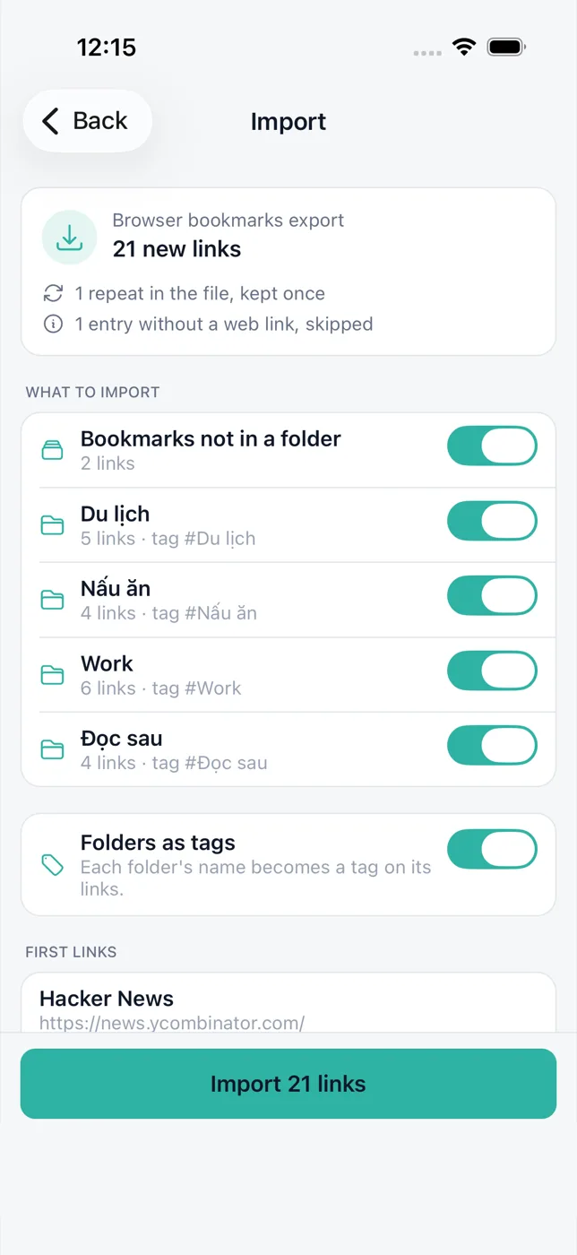Linkeeper — import preview for a bookmarks file