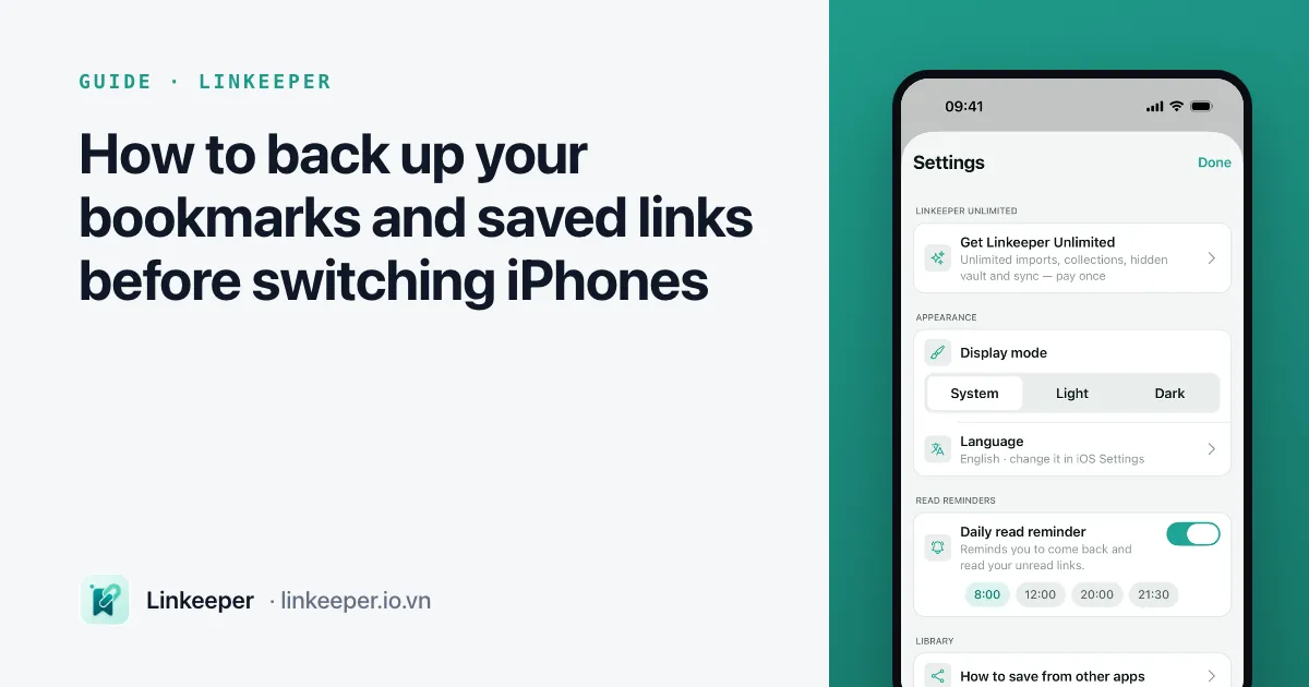 Guide cover: “How to back up your bookmarks and saved links before switching iPhones” beside a Linkeeper screenshot of the Settings screen