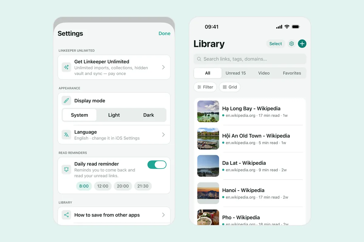 Two Linkeeper screenshots: the Settings screen with Linkeeper Unlimited, appearance, reminder and library rows, and the Library list of saved links