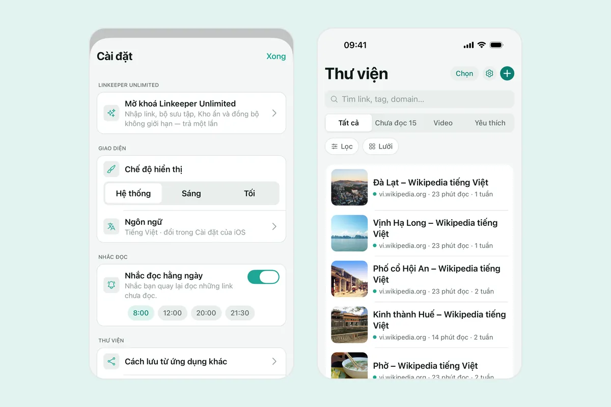 Hai ảnh chụp Linkeeper: màn hình Cài đặt với các mục Linkeeper Unlimited, giao diện, nhắc đọc và thư viện, và danh sách Thư viện các link đã lưu