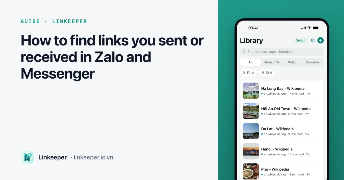 Guide cover: “How to find links you sent or received in Zalo and Messenger” beside a Linkeeper screenshot of a saved-links library