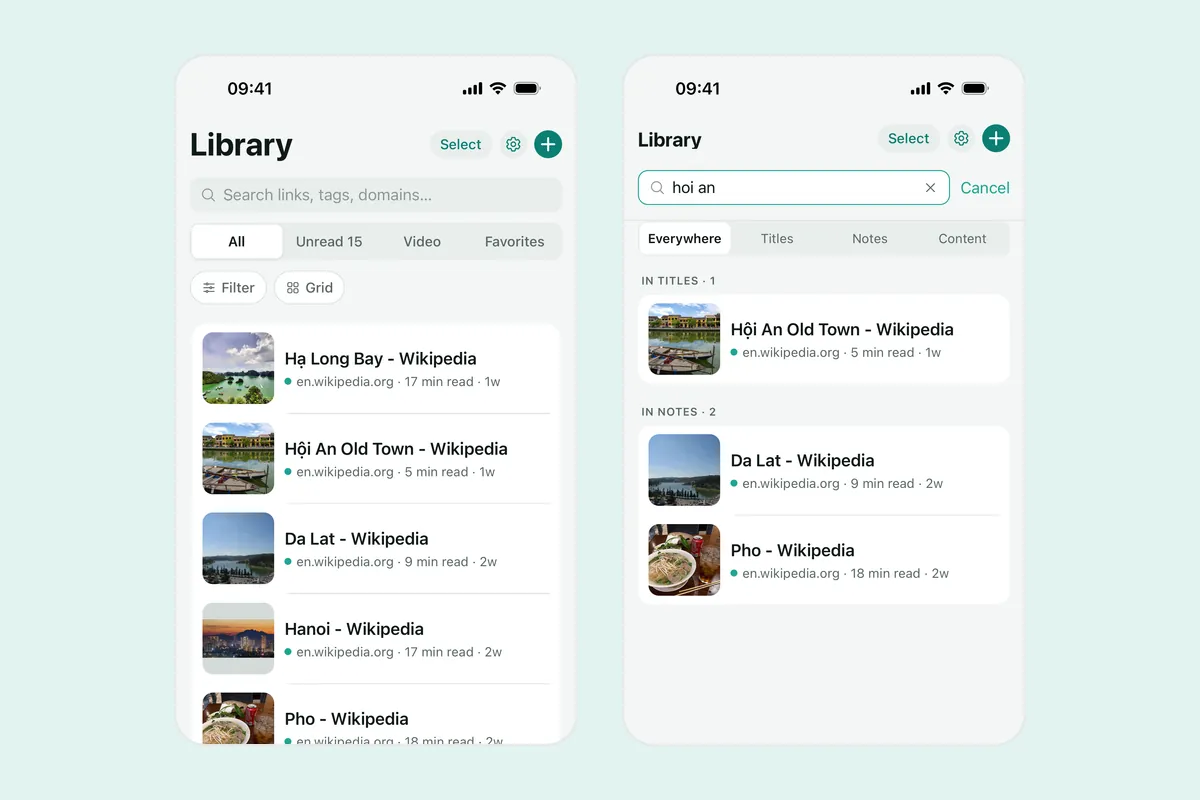 Two Linkeeper screenshots: the Library list of saved links with titles, thumbnails and reading times, and a search for “hoi an” with results grouped by titles and notes