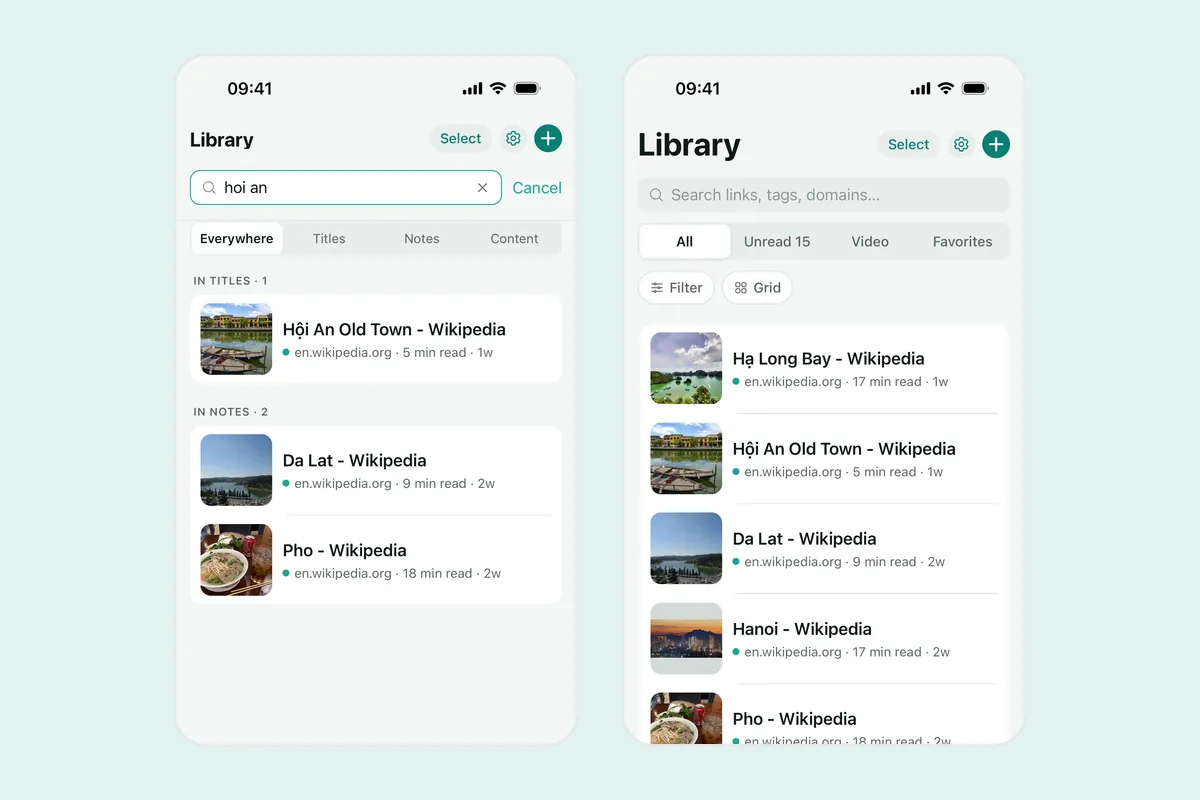 Two Linkeeper screenshots: the search screen with results grouped by where they matched, and the Library with saved links
