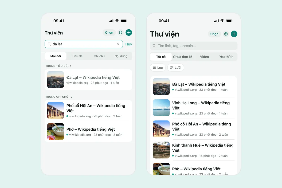 Hai ảnh chụp Linkeeper: màn hình tìm kiếm với kết quả chia nhóm theo nơi khớp, và Thư viện với các link đã lưu