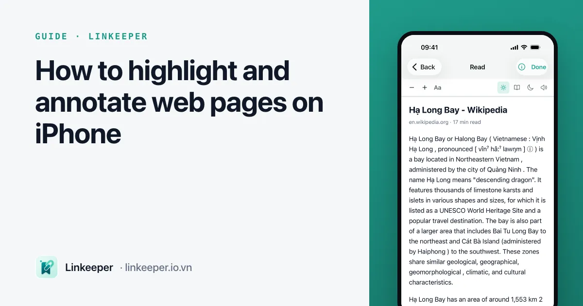 Guide cover: “How to highlight and annotate web pages on iPhone” beside a Linkeeper screenshot of an article open in the reader