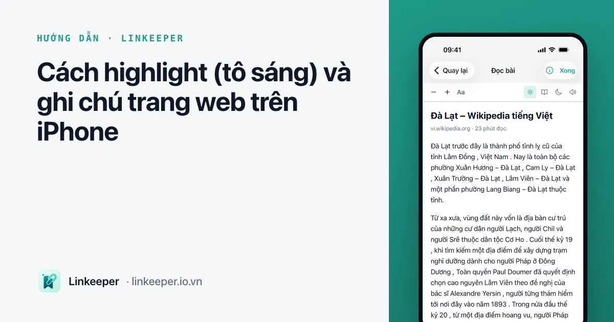 Ảnh bìa bài “Cách highlight và ghi chú trang web trên iPhone” cạnh ảnh chụp một bài viết đang mở trong chế độ đọc của Linkeeper