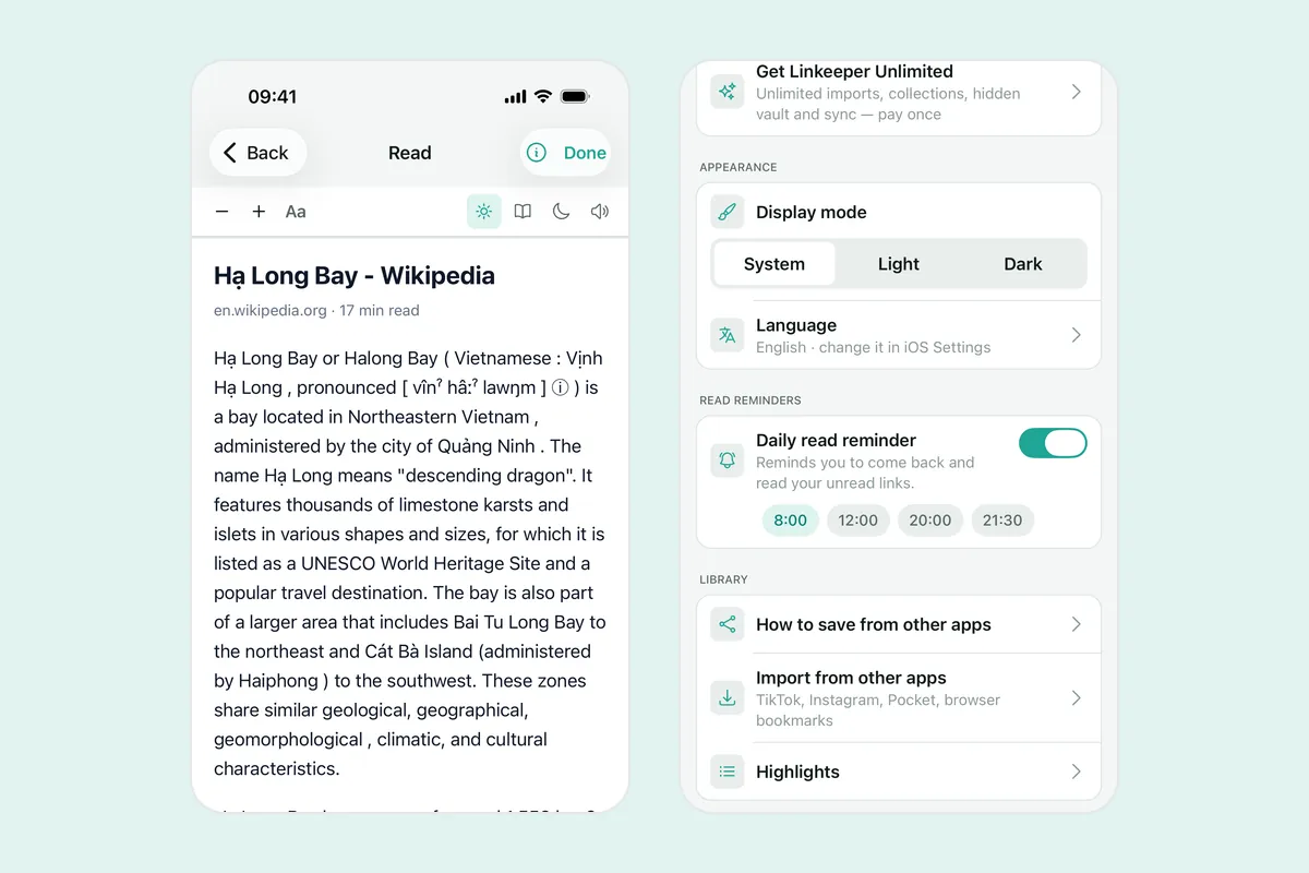Two Linkeeper screenshots: an article in the reader with its toolbar, and the Settings screen whose Library section has a Highlights row