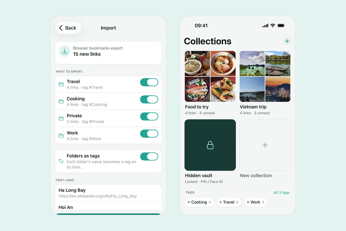 Two Linkeeper screenshots: an import preview that turns folders into tags, and the Collections tab with photo-cover collections, the hidden vault tile and tags