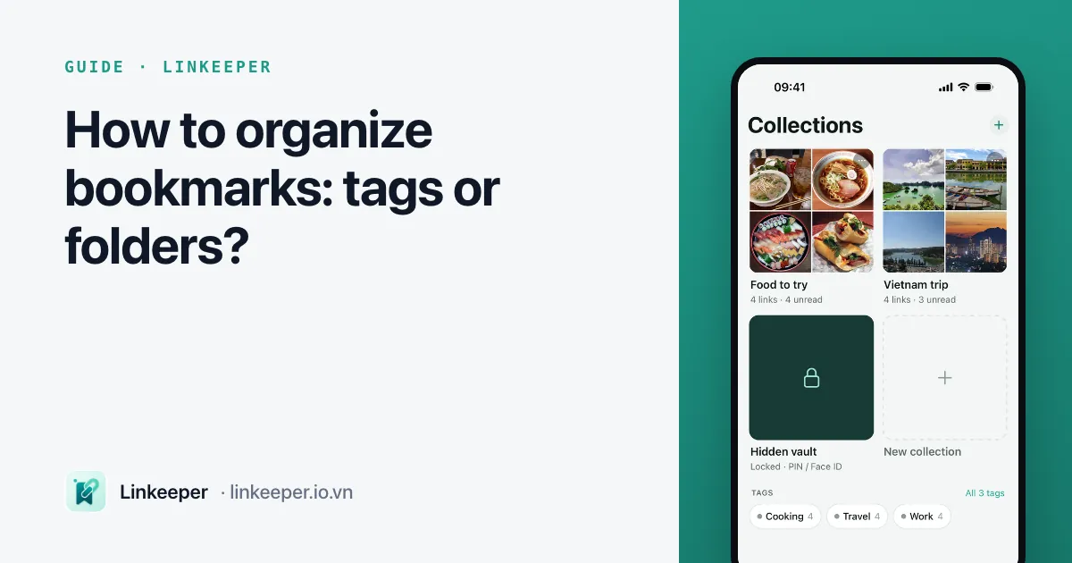 Guide cover: “How to organize bookmarks: tags or folders?” beside a Linkeeper screenshot of collections and tags
