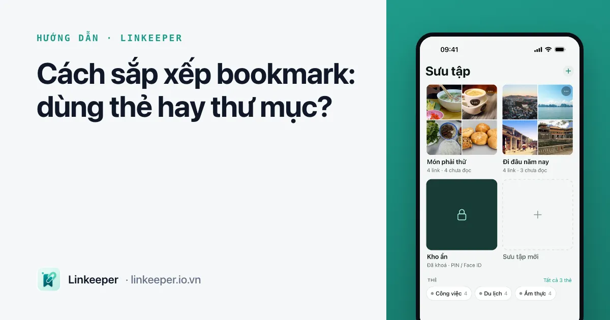 Ảnh bìa bài “Cách sắp xếp bookmark: dùng thẻ hay thư mục?” cạnh ảnh chụp bộ sưu tập và thẻ trong Linkeeper