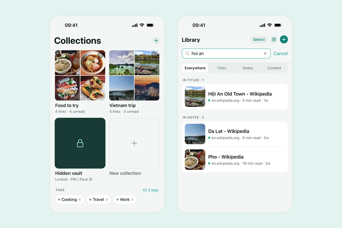 Two Linkeeper screenshots: the Collections tab with photo-cover collections and tags Cooking, Travel and Work, and a search for “hoi an” with results grouped by titles and notes