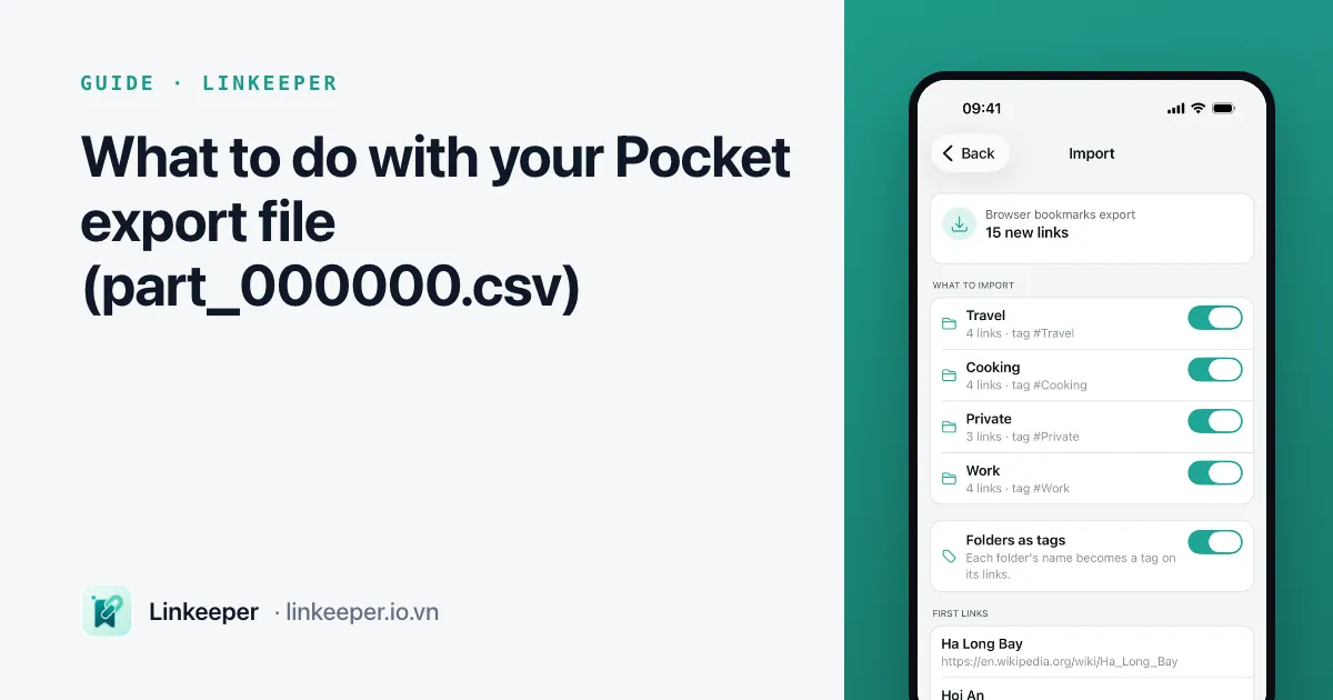 Guide cover: “What to do with your Pocket export file (part_000000.csv)” beside a Linkeeper screenshot of an import preview