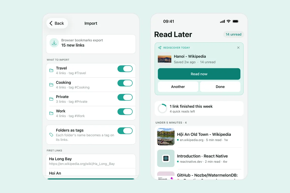 Two Linkeeper screenshots: an import preview listing what will be imported and the first links, and the Read Later tab with a Rediscover pick and short reads grouped first