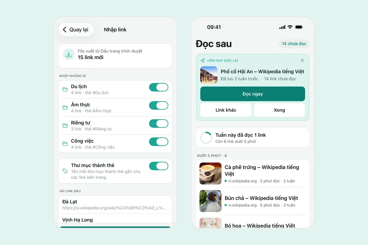 Hai ảnh chụp Linkeeper: màn hình xem trước khi nhập, liệt kê những gì sẽ nhập và các link đầu tiên, và thẻ Đọc sau với bài gợi ý đọc lại và nhóm bài đọc nhanh