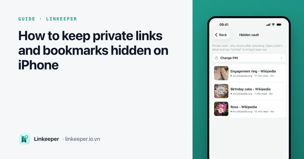 Guide cover: “How to keep private links and bookmarks hidden on iPhone” beside a Linkeeper screenshot of the hidden vault