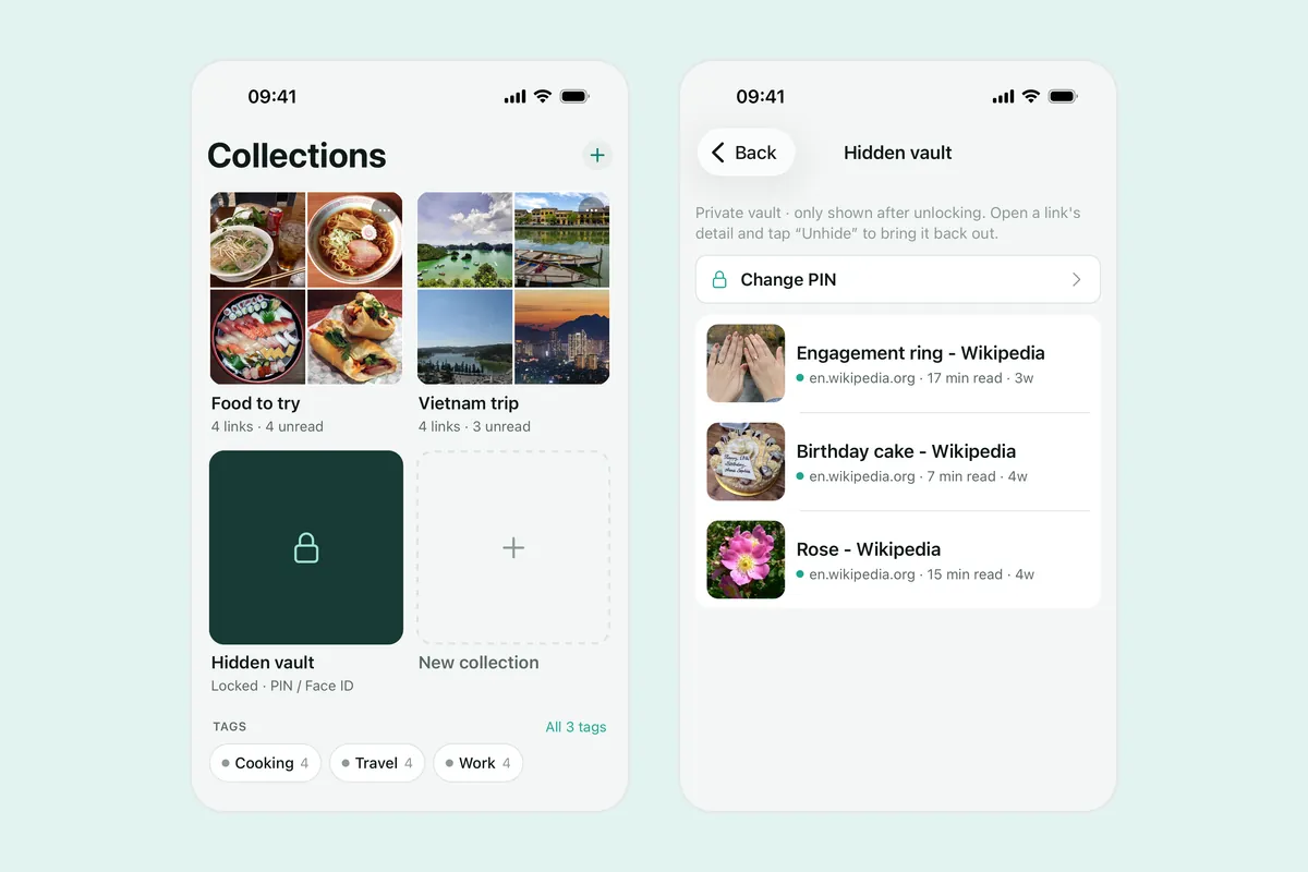 Two Linkeeper screenshots: the Collections tab with a locked Hidden vault tile labelled PIN / Face ID, and the unlocked Hidden vault listing three private links with a Change PIN option