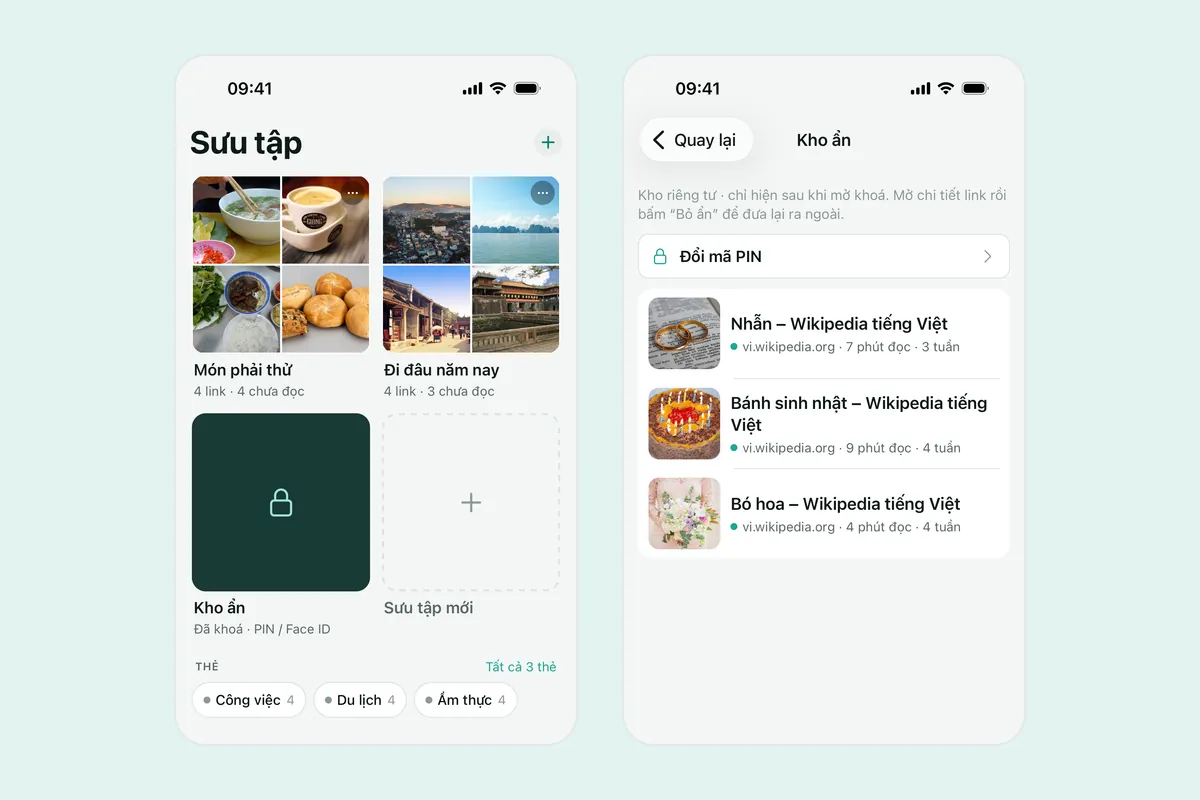 Hai ảnh chụp Linkeeper: thẻ Sưu tập với ô Kho ẩn đang khoá ghi PIN / Face ID, và Kho ẩn sau khi mở khoá liệt kê ba link riêng tư cùng tuỳ chọn Đổi mã PIN