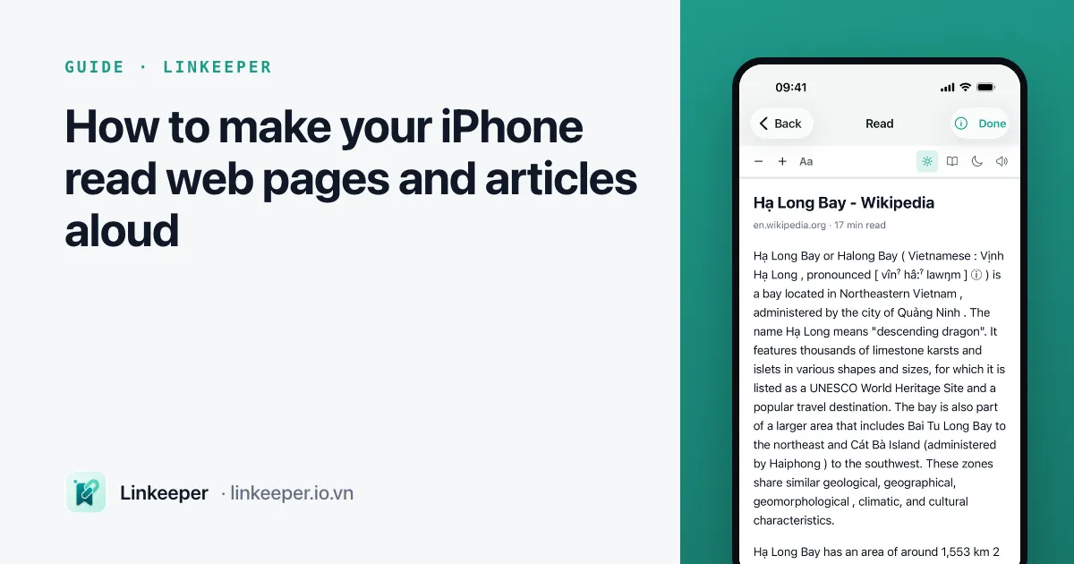 Guide cover: “How to make your iPhone read web pages and articles aloud” beside a Linkeeper screenshot of the reader with its listen button