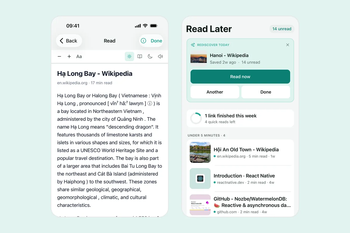 Two Linkeeper screenshots: an article in the reader with the font size, theme and speaker buttons in the toolbar, and the Read Later tab with articles grouped as under five minutes