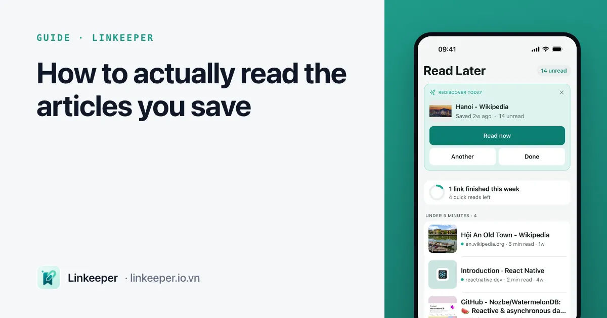 Guide cover: “How to actually read the articles you save” beside a Linkeeper screenshot of the Read Later tab