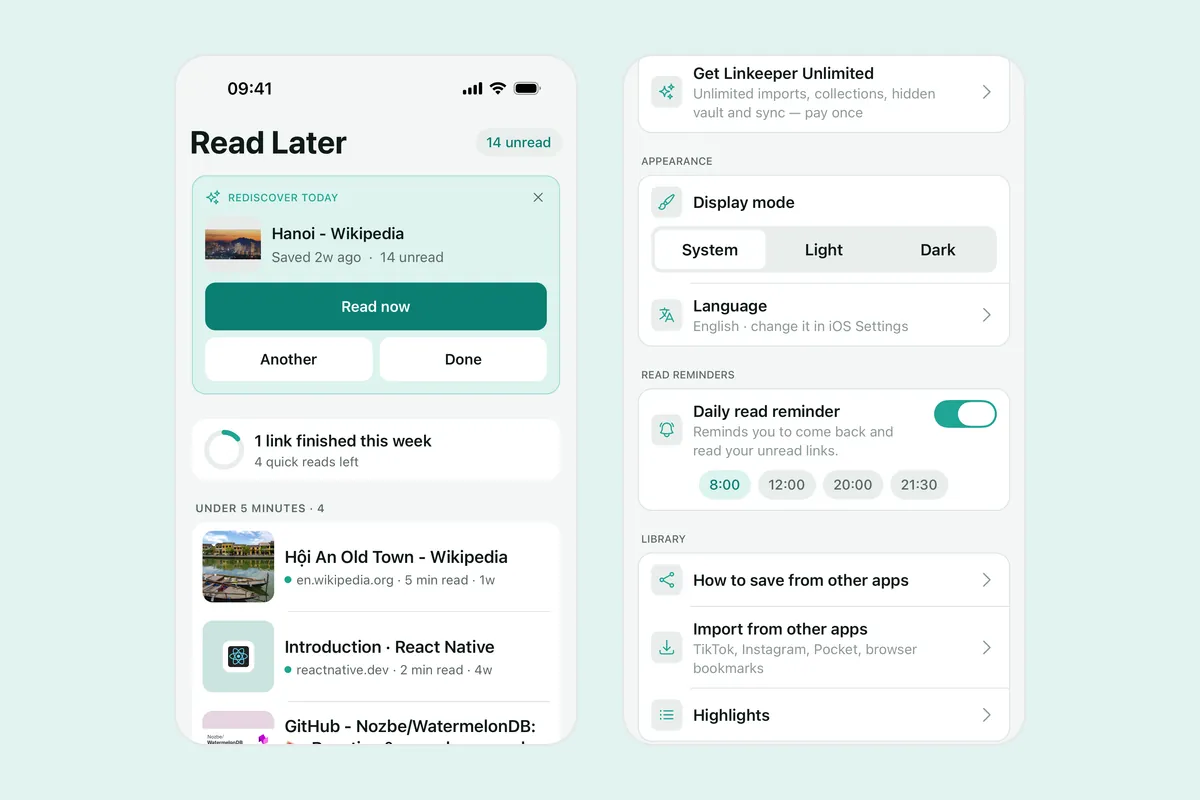 Two Linkeeper screenshots: the Read Later tab with today's Rediscover pick, a weekly progress ring and reads under five minutes, and Settings with the daily read reminder and its times