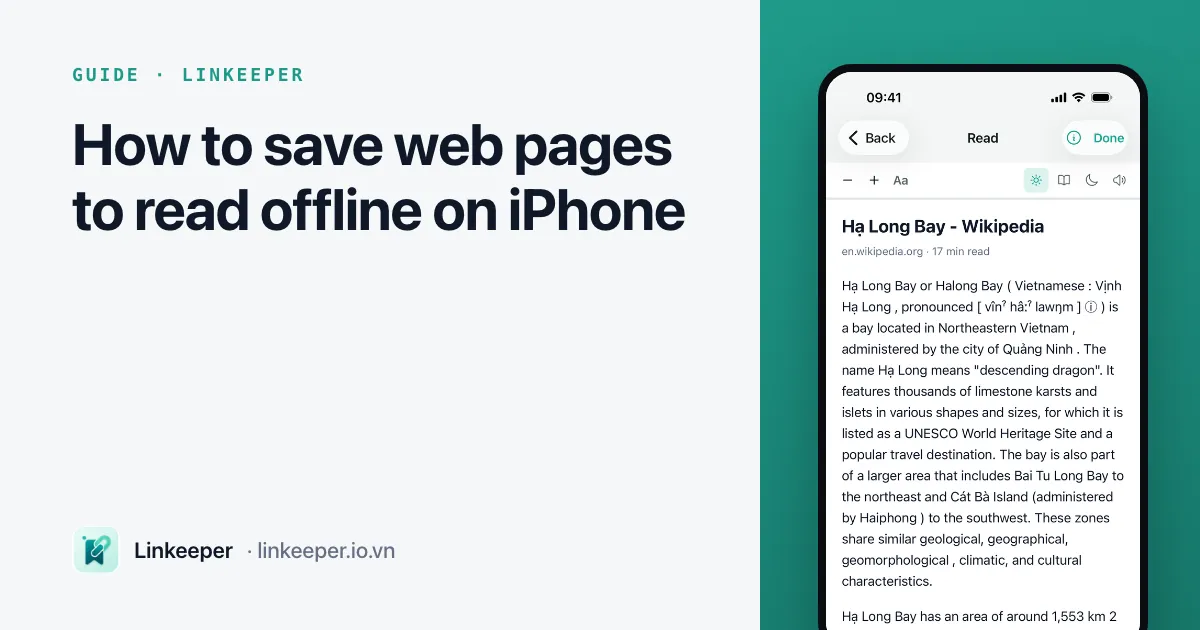 Guide cover: “How to save web pages to read offline on iPhone” beside a Linkeeper screenshot of an article open in the offline reader