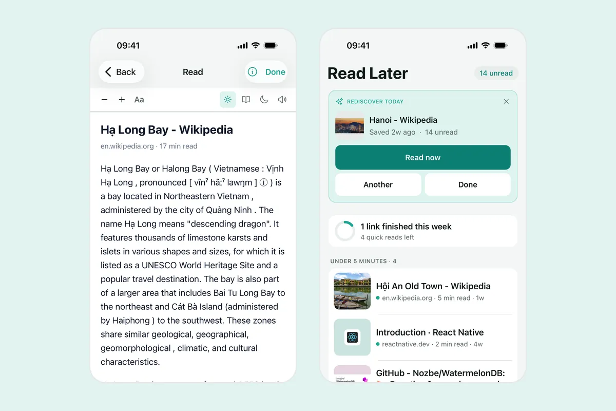 Two Linkeeper screenshots: an article in the offline reader with font, theme and listen controls, and the Read Later tab with today's Rediscover pick and articles under five minutes