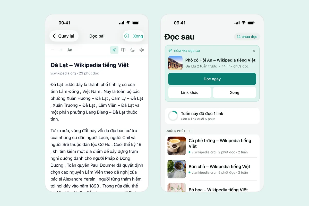 Hai ảnh chụp Linkeeper: một bài viết trong chế độ đọc offline với nút chỉnh chữ, giao diện và nghe đọc, và thẻ Đọc sau với bài gợi ý đọc lại hôm nay cùng các bài dưới 5 phút