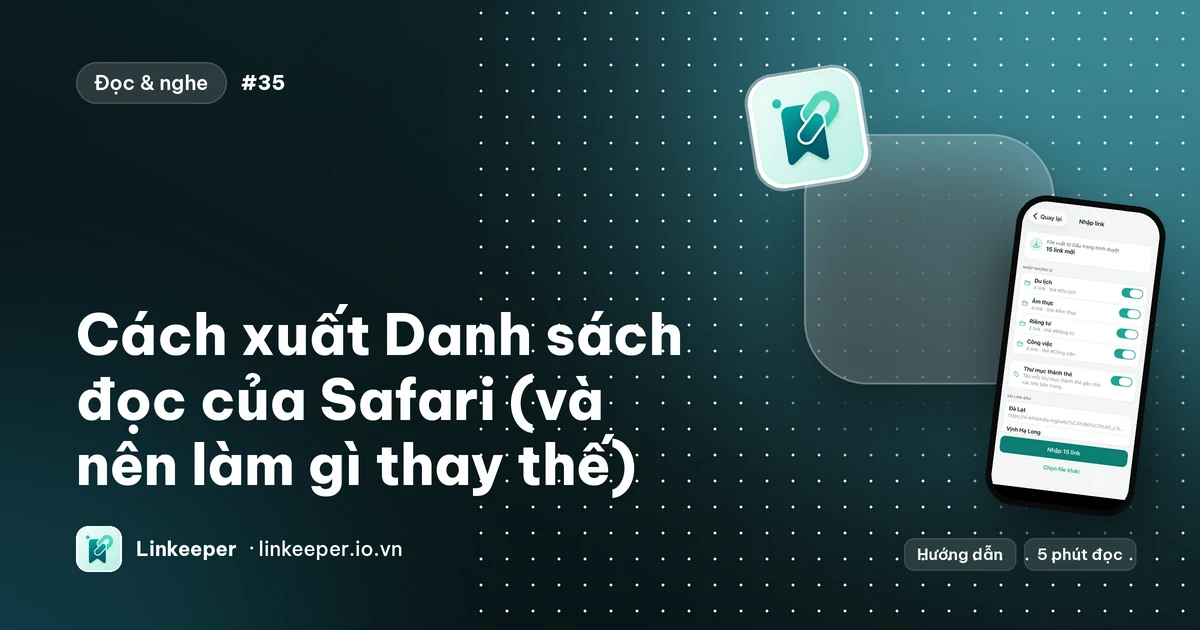 Ảnh bìa bài “Cách xuất Danh sách đọc của Safari (và nên làm gì thay thế)” cạnh ảnh chụp màn hình Linkeeper hiển thị bản xem trước khi nhập