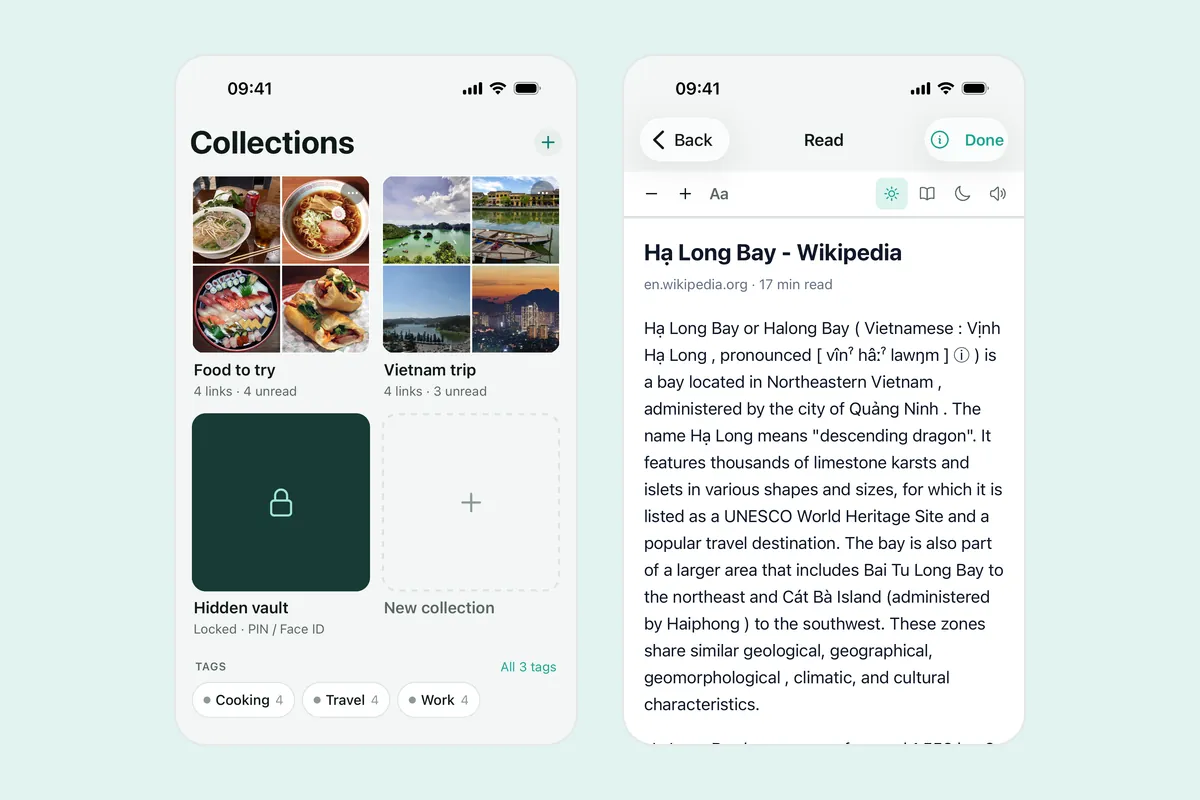Two Linkeeper screenshots: the Collections tab with a Food to try collection and a Cooking tag, and the offline reader with text size, theme and listen controls