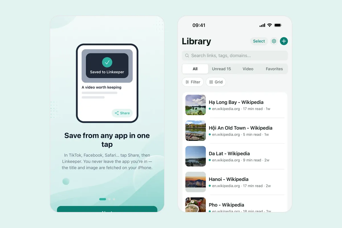 Two Linkeeper screenshots: the onboarding step “Save from any app in one tap” showing the “Saved to Linkeeper” card, and the Library where saved links appear with titles and thumbnails