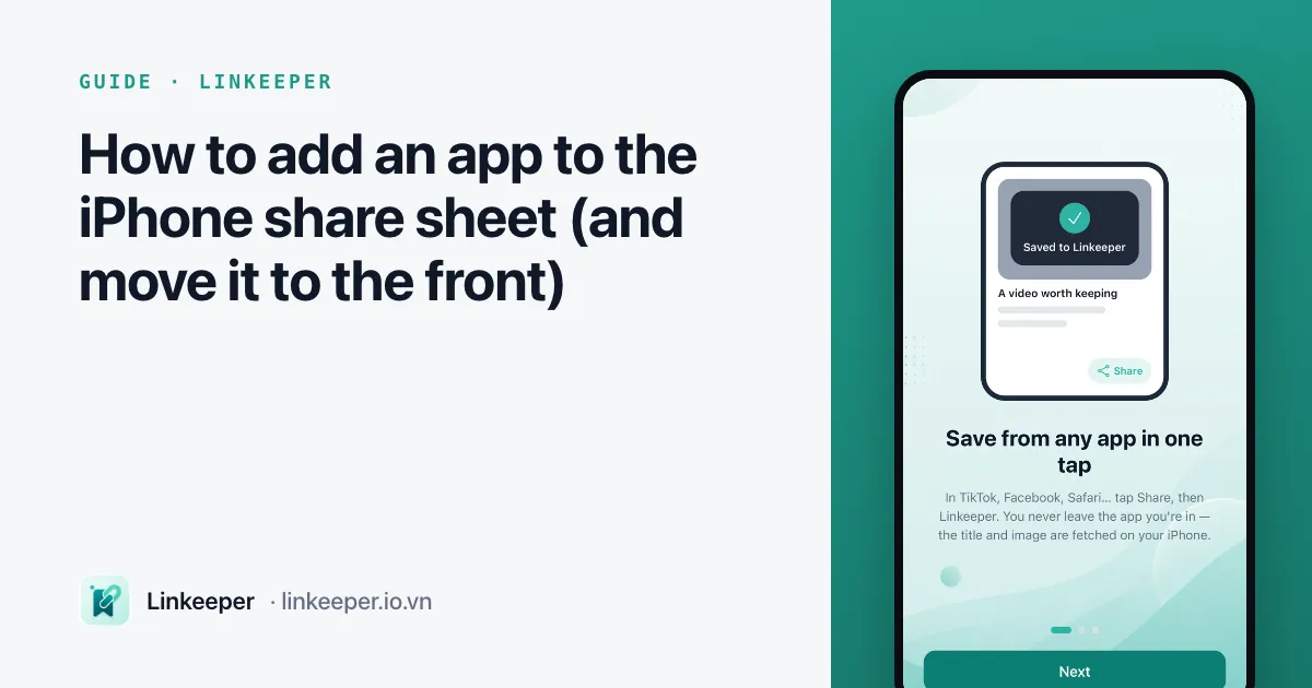 Guide cover: “How to add an app to the iPhone share sheet” beside a Linkeeper screenshot of the “Save from any app in one tap” onboarding screen