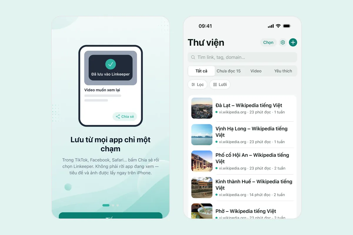 Hai ảnh chụp Linkeeper: bước giới thiệu “Lưu từ mọi app chỉ một chạm” với thẻ “Đã lưu vào Linkeeper”, và Thư viện nơi link vừa lưu hiện kèm tiêu đề và ảnh thu nhỏ