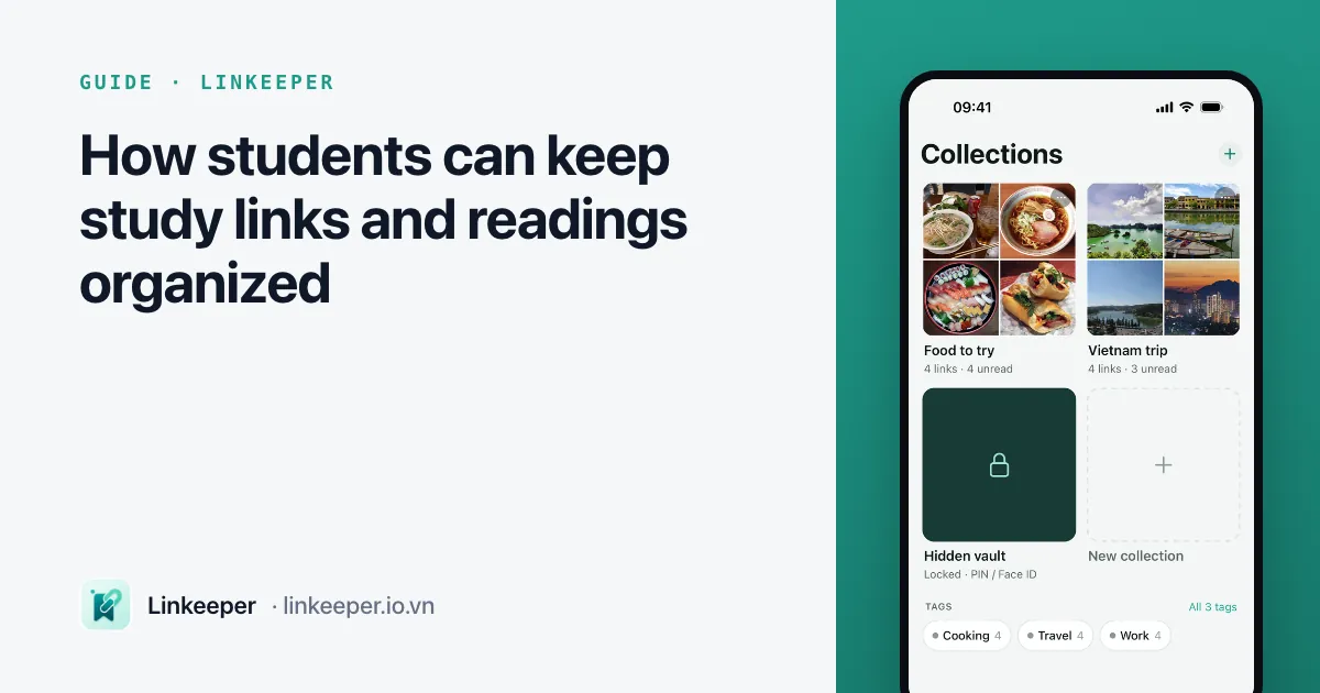 Guide cover: “How students can keep study links and readings organized” beside a Linkeeper screenshot of collections and tags