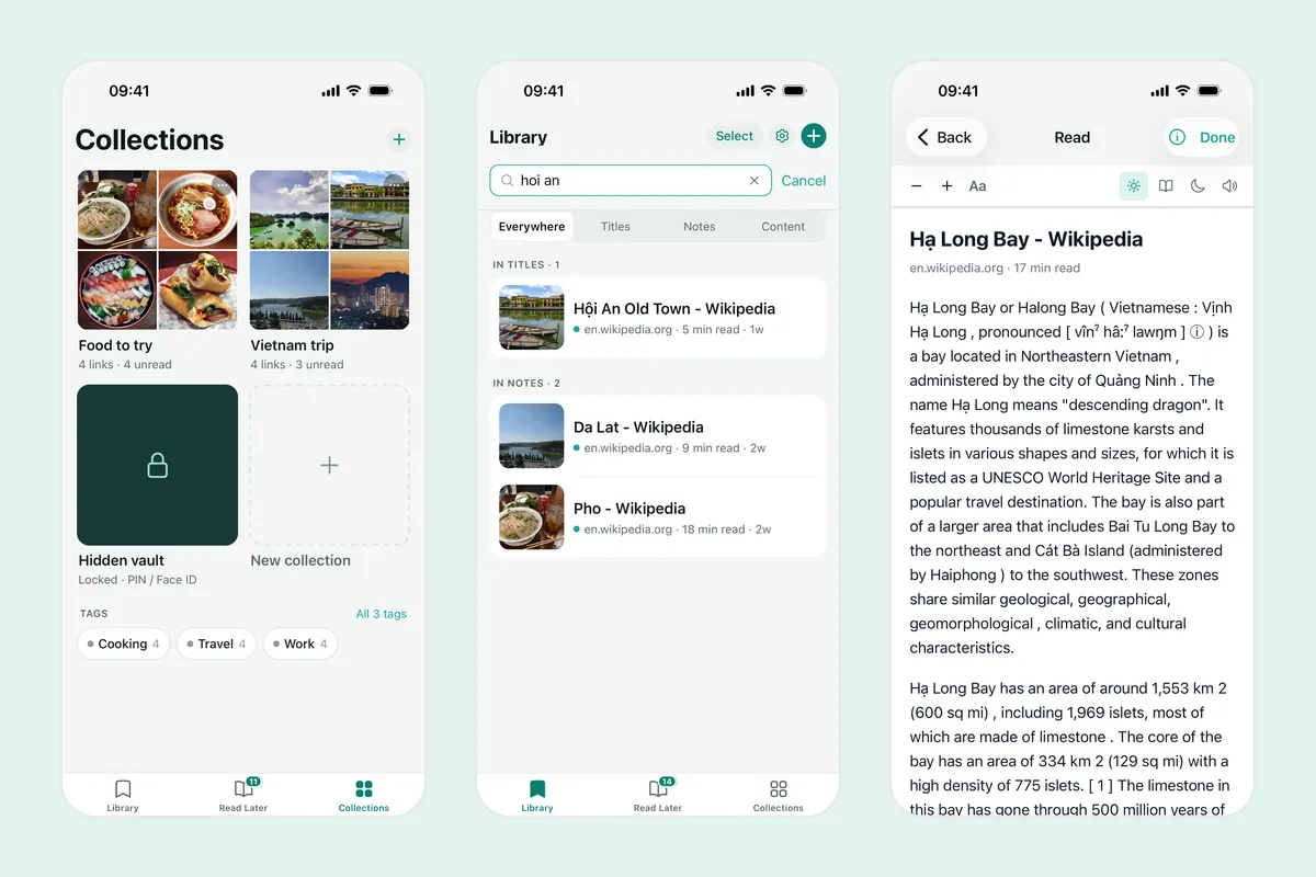 Three Linkeeper screenshots: the Collections tab with collections and tags, a search for “hoi an” with results grouped by titles and notes, and an article open in the offline reader