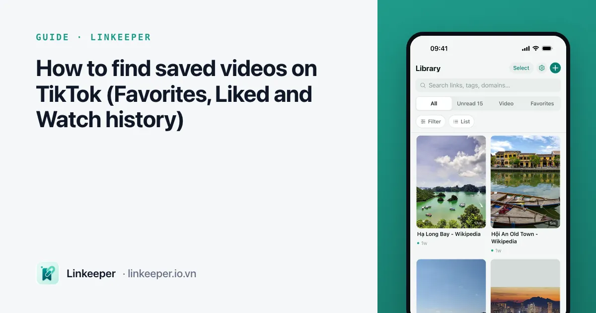 Guide cover: “How to find saved videos on TikTok” beside a Linkeeper screenshot of saved links shown as a grid of covers