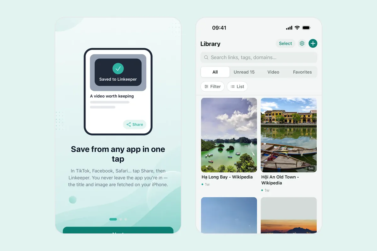 Two Linkeeper screenshots: the onboarding screen “Save from any app in one tap” with a “Saved to Linkeeper” card, and the Library shown as a grid of saved links with cover images