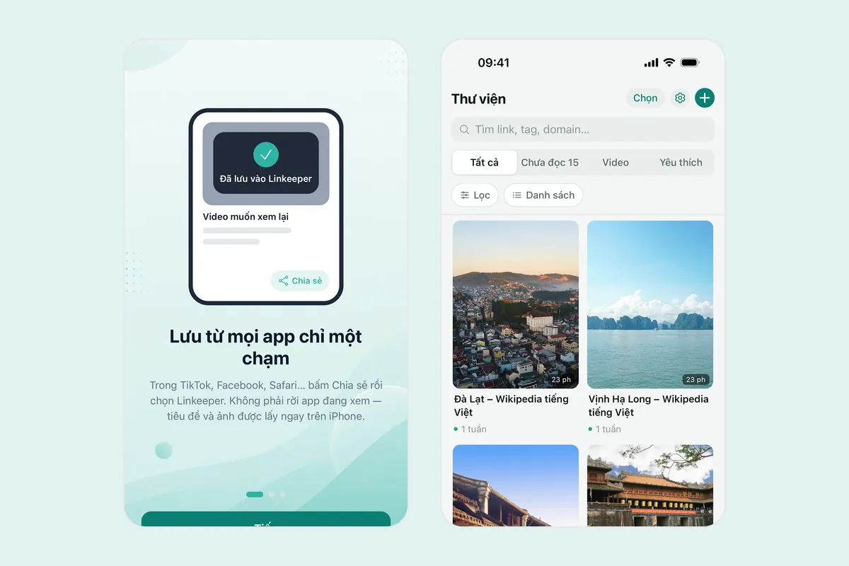 Hai ảnh chụp Linkeeper: màn hình giới thiệu “Lưu từ mọi app chỉ một chạm” với thẻ “Đã lưu vào Linkeeper”, và Thư viện hiển thị dạng lưới các link đã lưu có ảnh bìa
