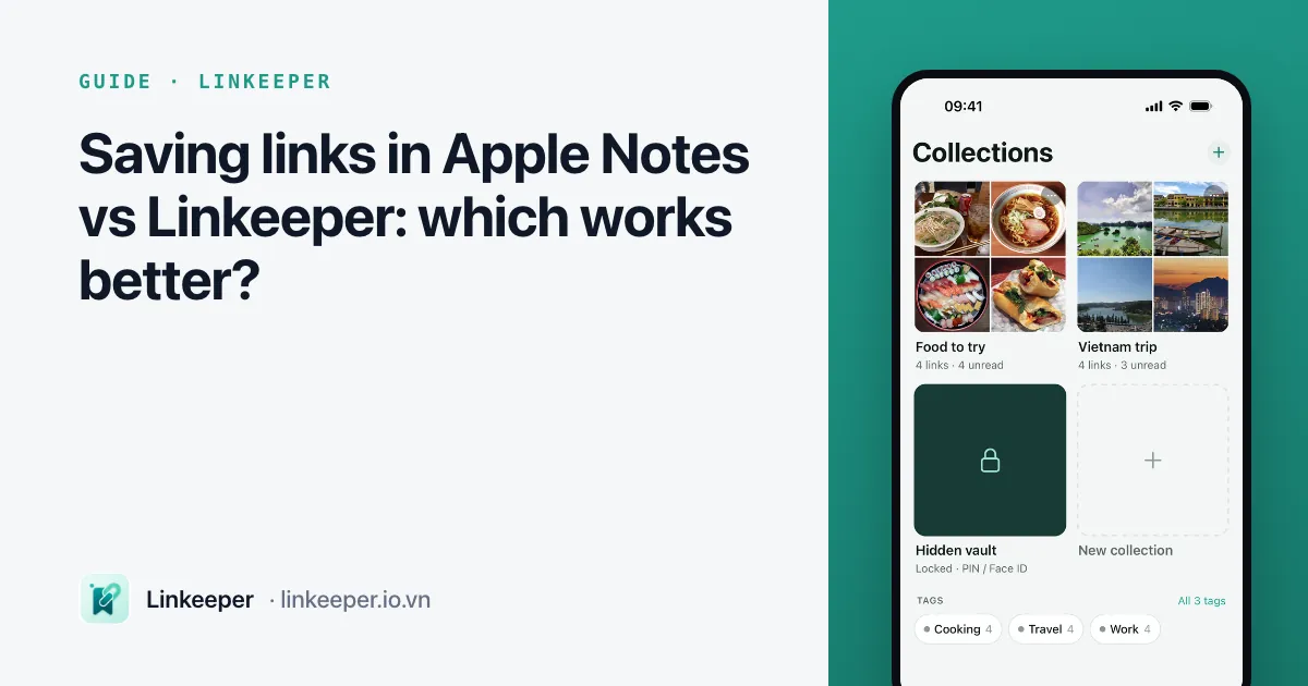 Guide cover: “Saving links in Apple Notes vs Linkeeper” beside a Linkeeper screenshot of the Collections tab
