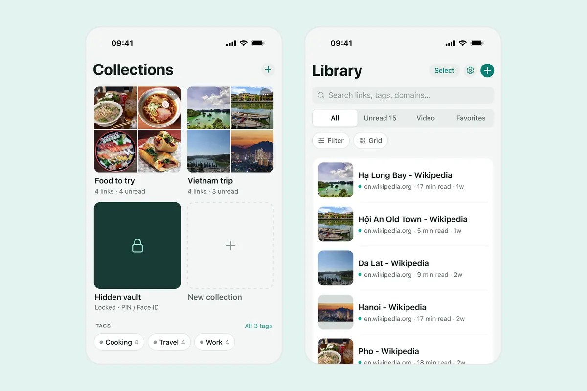 Two Linkeeper screenshots: the Collections tab with photo-cover collections such as Food to try and Vietnam trip plus tags, and the Library as a list with titles, sources and reading times