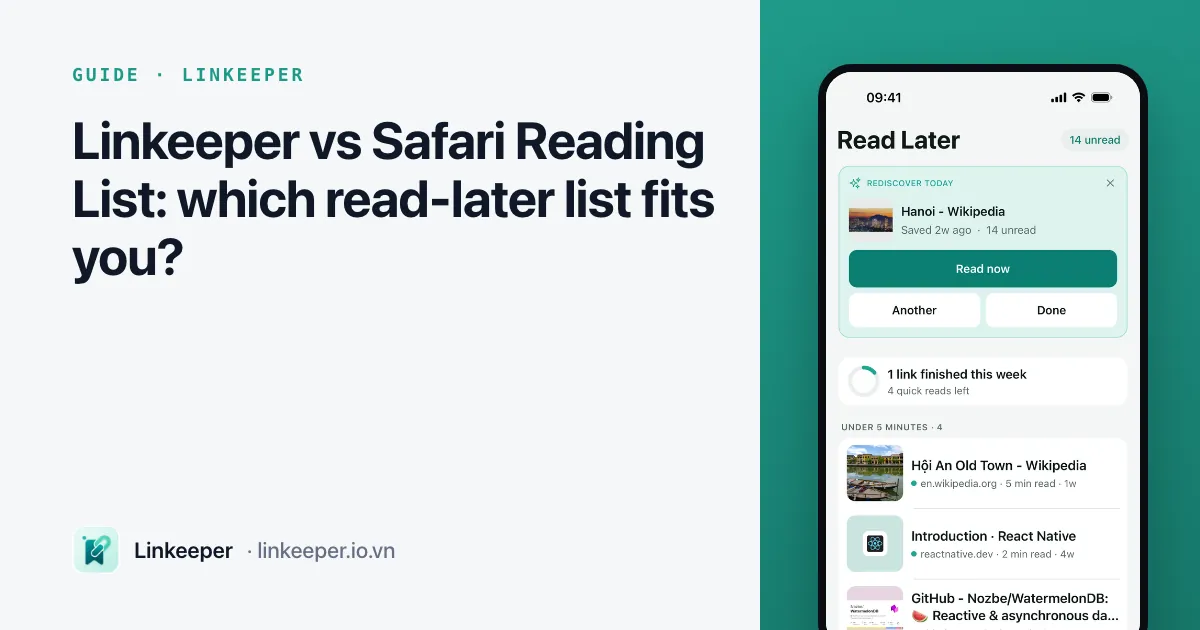 Guide cover: “Linkeeper vs Safari Reading List” beside a Linkeeper screenshot of the Read Later tab
