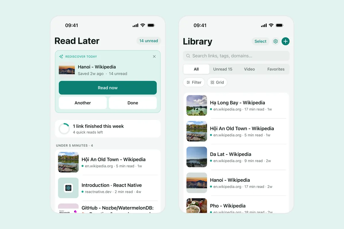 Two Linkeeper screenshots: the Read Later tab with today's Rediscover pick, a weekly progress ring and reads under five minutes, and the Library with search and the All, Unread, Video and Favorites filters