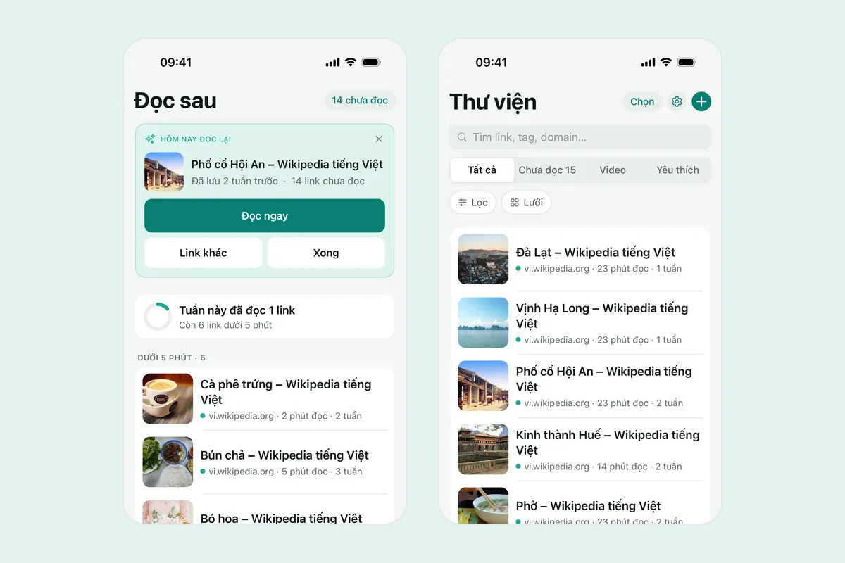 Hai ảnh chụp Linkeeper: thẻ Đọc sau với bài gợi ý đọc lại hôm nay, vòng tiến độ trong tuần và nhóm bài dưới 5 phút, và Thư viện với ô tìm kiếm cùng các bộ lọc Tất cả, Chưa đọc, Video, Yêu thích