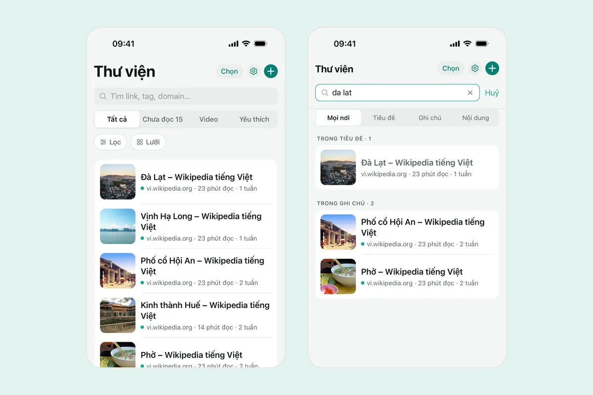 Hai ảnh chụp Linkeeper: thư viện link đã lưu và màn hình tìm kiếm