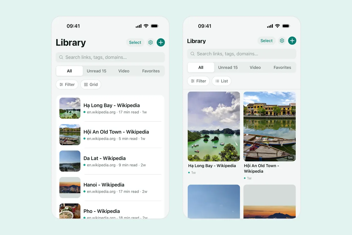 Two Linkeeper screenshots: the Library with the All, Unread, Video and Favorites filters above a list of saved links, and the same Library as a grid of cover images