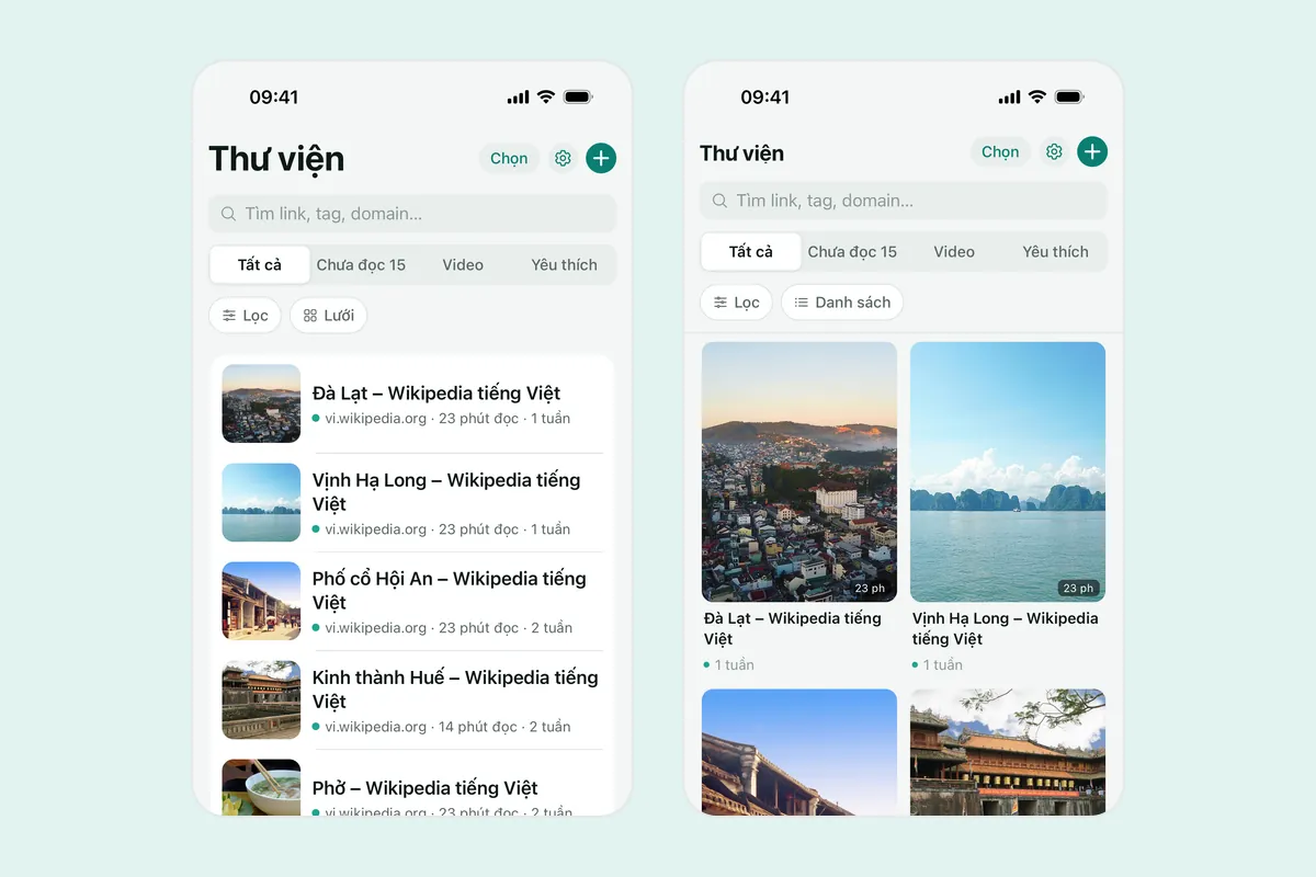 Hai ảnh chụp Linkeeper: Thư viện với các bộ lọc Tất cả, Chưa đọc, Video, Yêu thích phía trên danh sách link đã lưu, và cùng Thư viện đó ở dạng lưới ảnh bìa